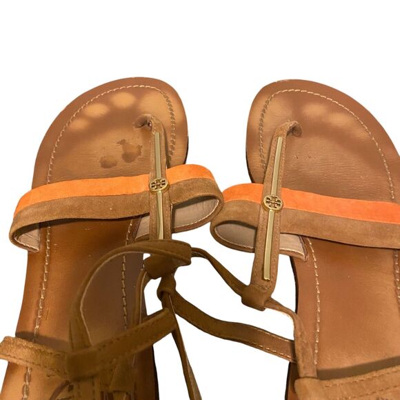 Tory Burch Bar Logo Flat Sandals Coral Tan Suede Size 8.5 Boho Prairie Preppy - Picture 4 of 12